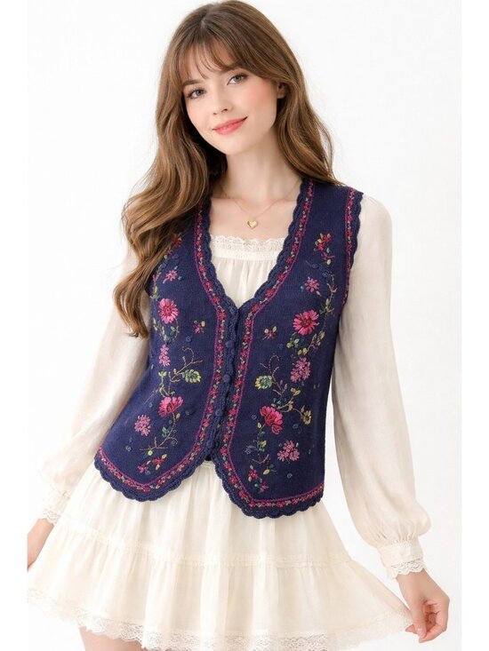 Erika Sweaters - Vintage  Erika Floral Embroidered Sweater Vest Navy Cottage Core Size L Pink